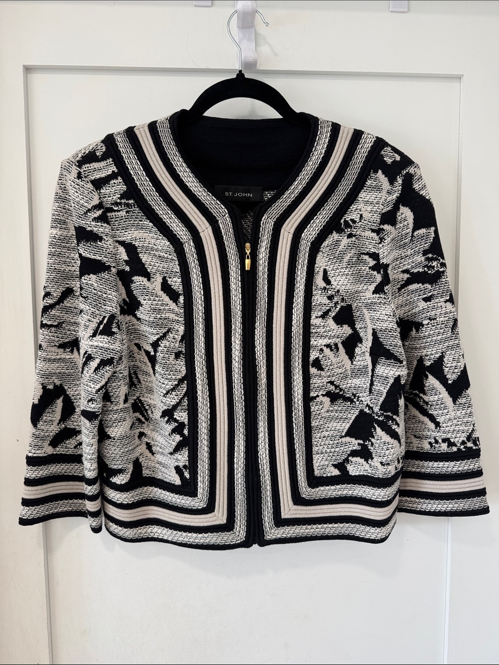 St. John Black and Cream Floral-Pattern Zip Cardigan
